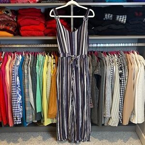 Derek Heart navy/white/brown striped elastic waistband tie front jumpsuit size S